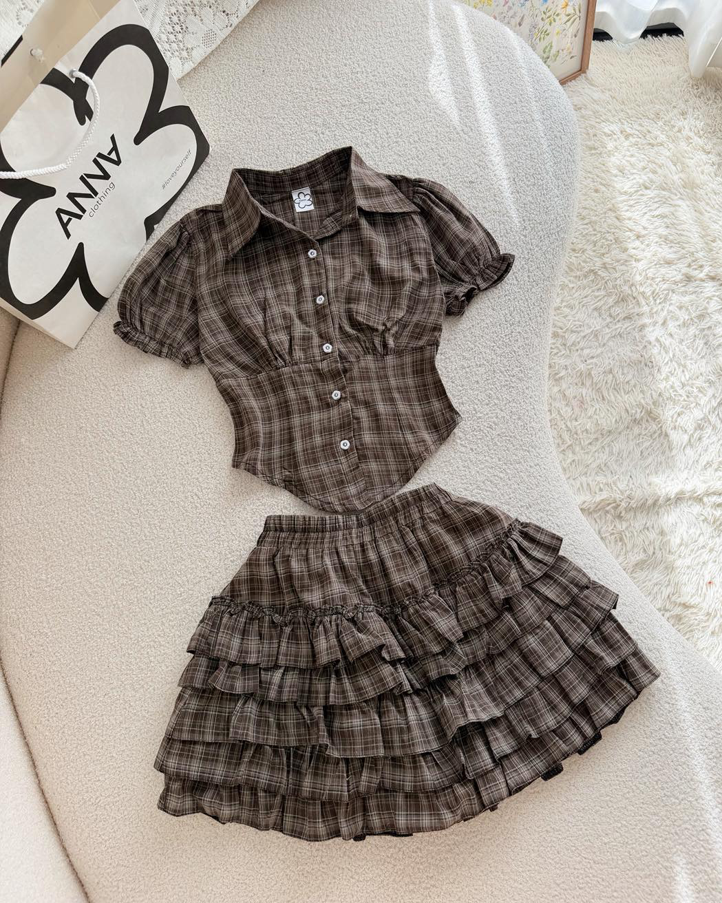 Brown Check Tiered Skirt Set