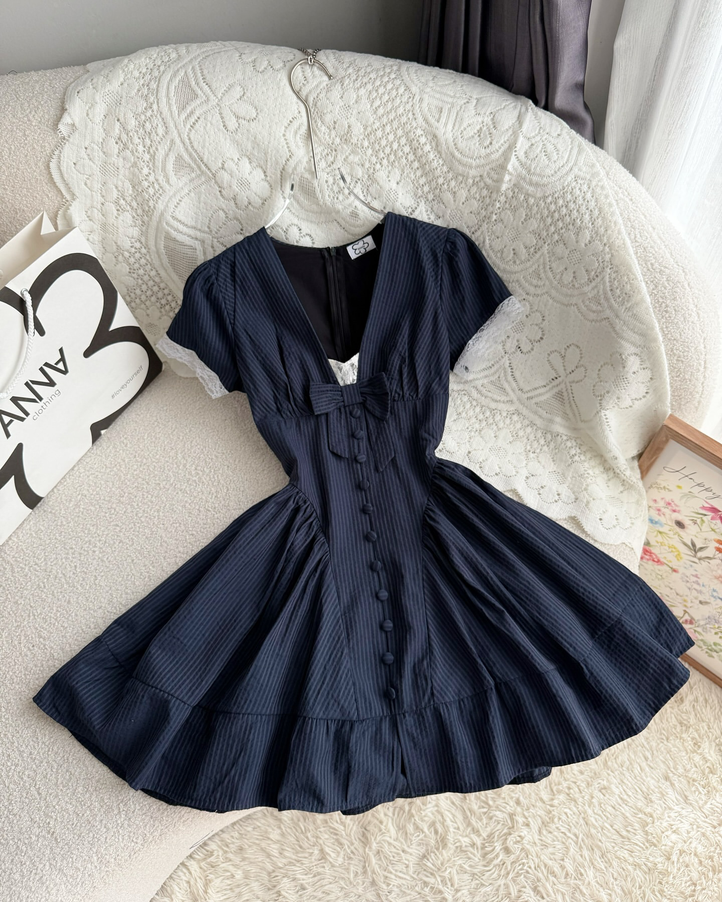 Navy Ribbon Lace Dress