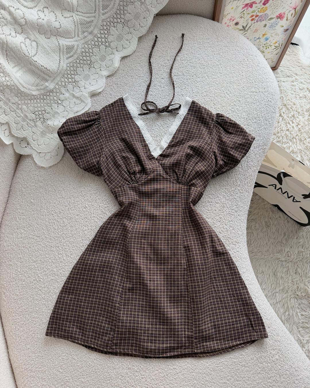 Brown Lace Check Mini Dress