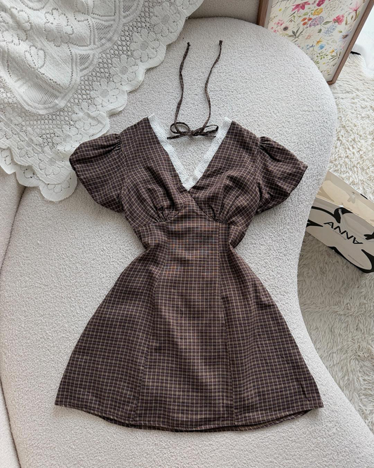 Brown Lace Check Mini Dress