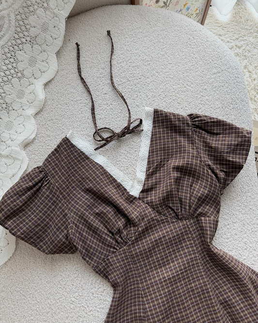 Brown Lace Check Mini Dress