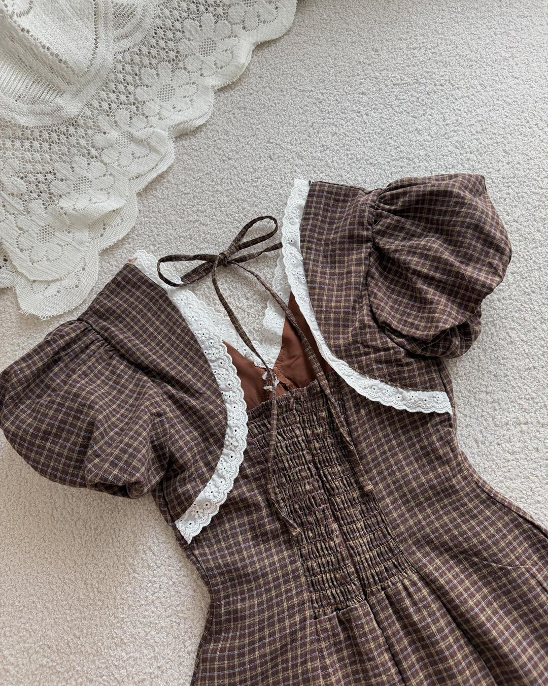 Brown Lace Check Mini Dress