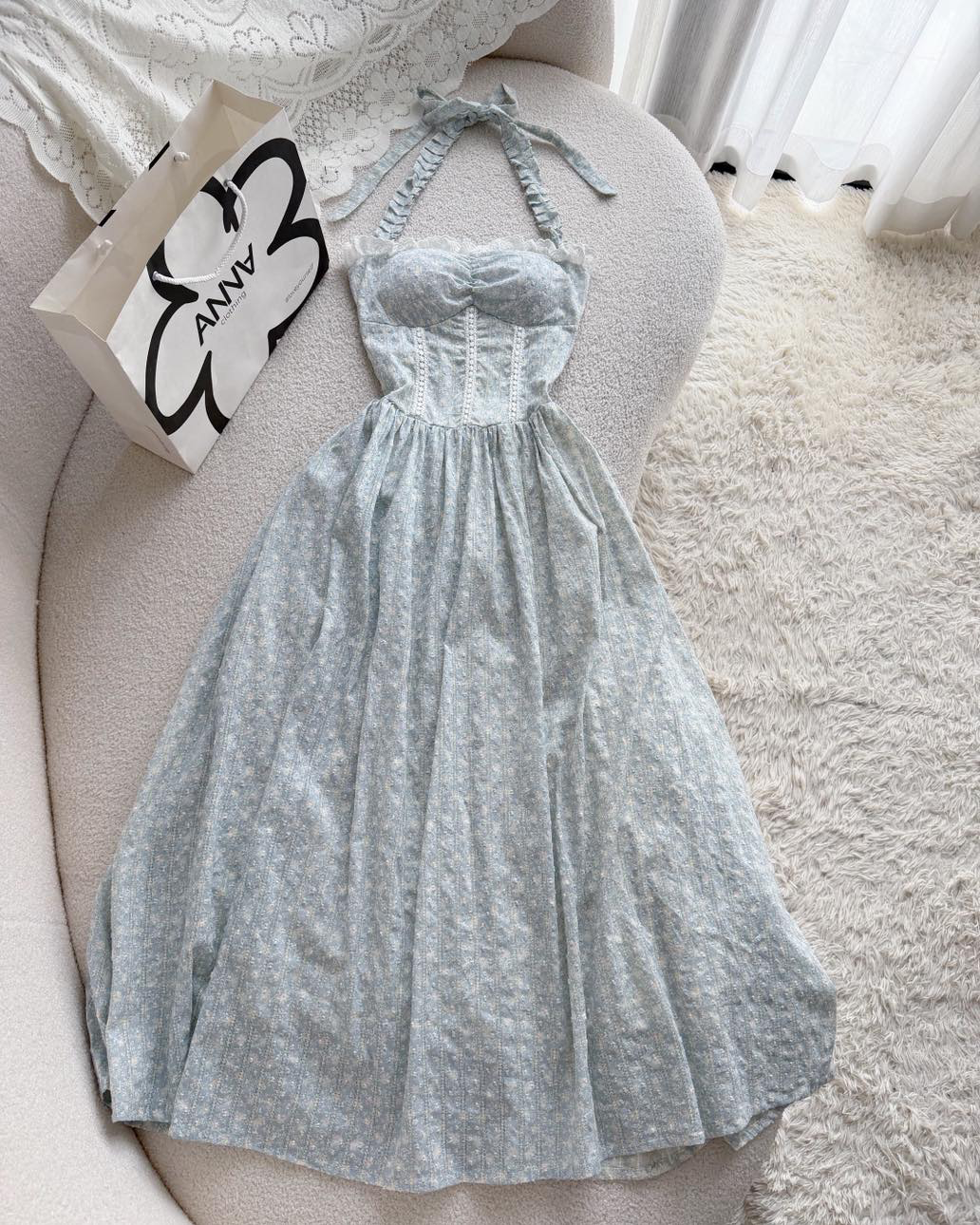 Blue Floral Lace Halter Dress