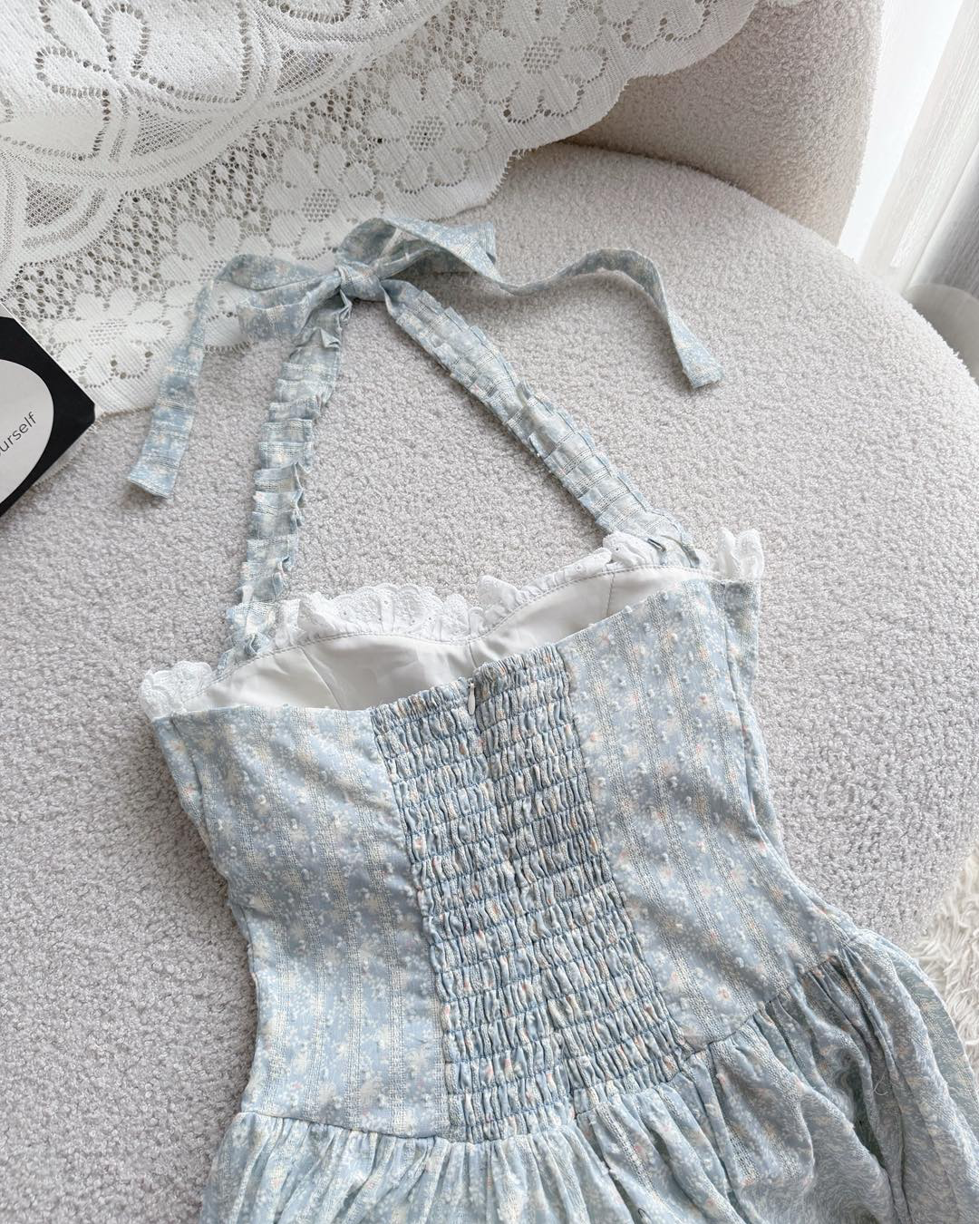 Blue Floral Lace Halter Dress