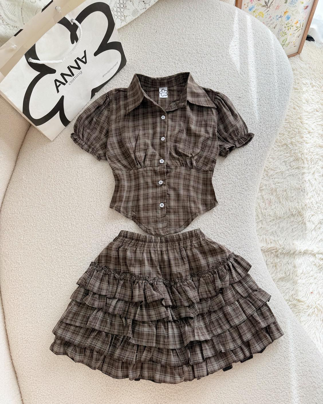 Brown Check Tiered Skirt Set