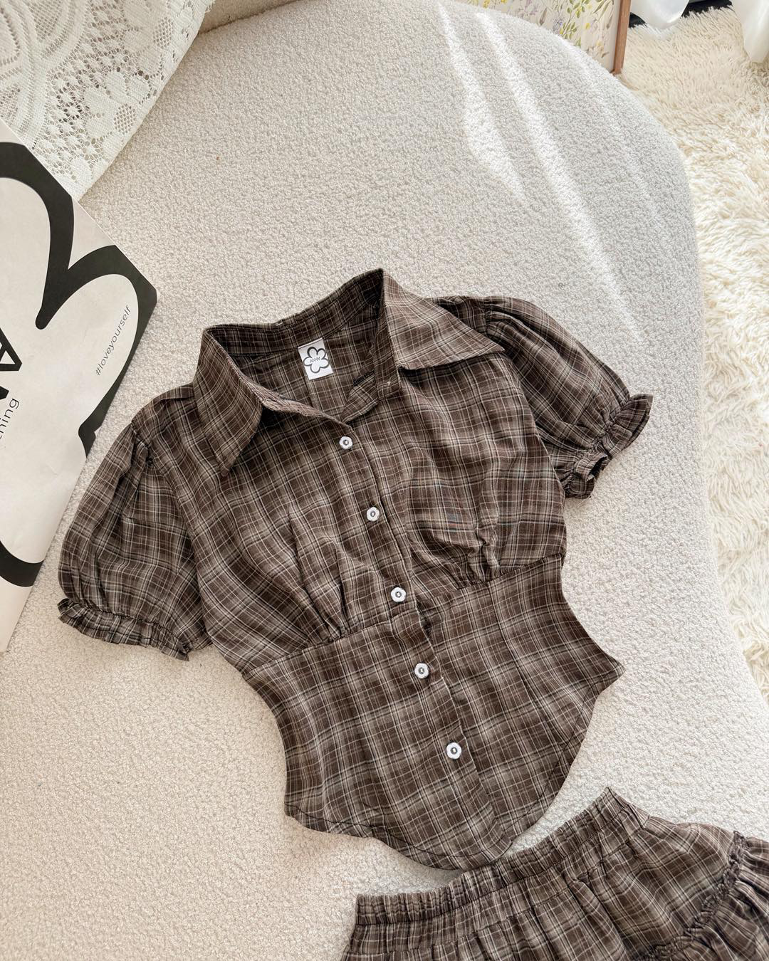 Brown Check Tiered Skirt Set