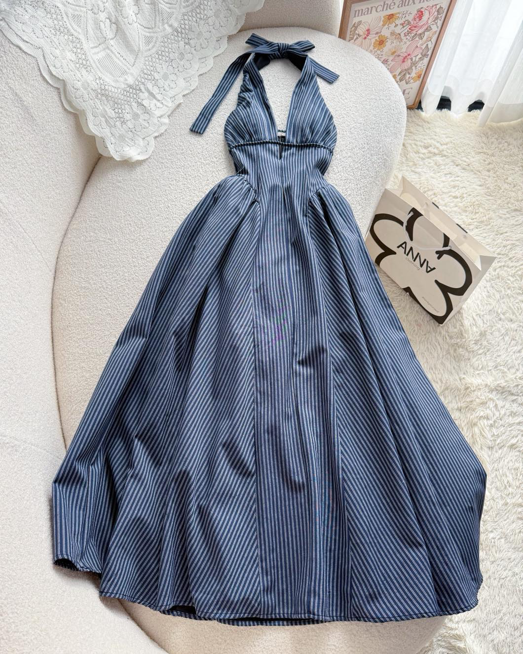 Navy Stripe Halter Dress
