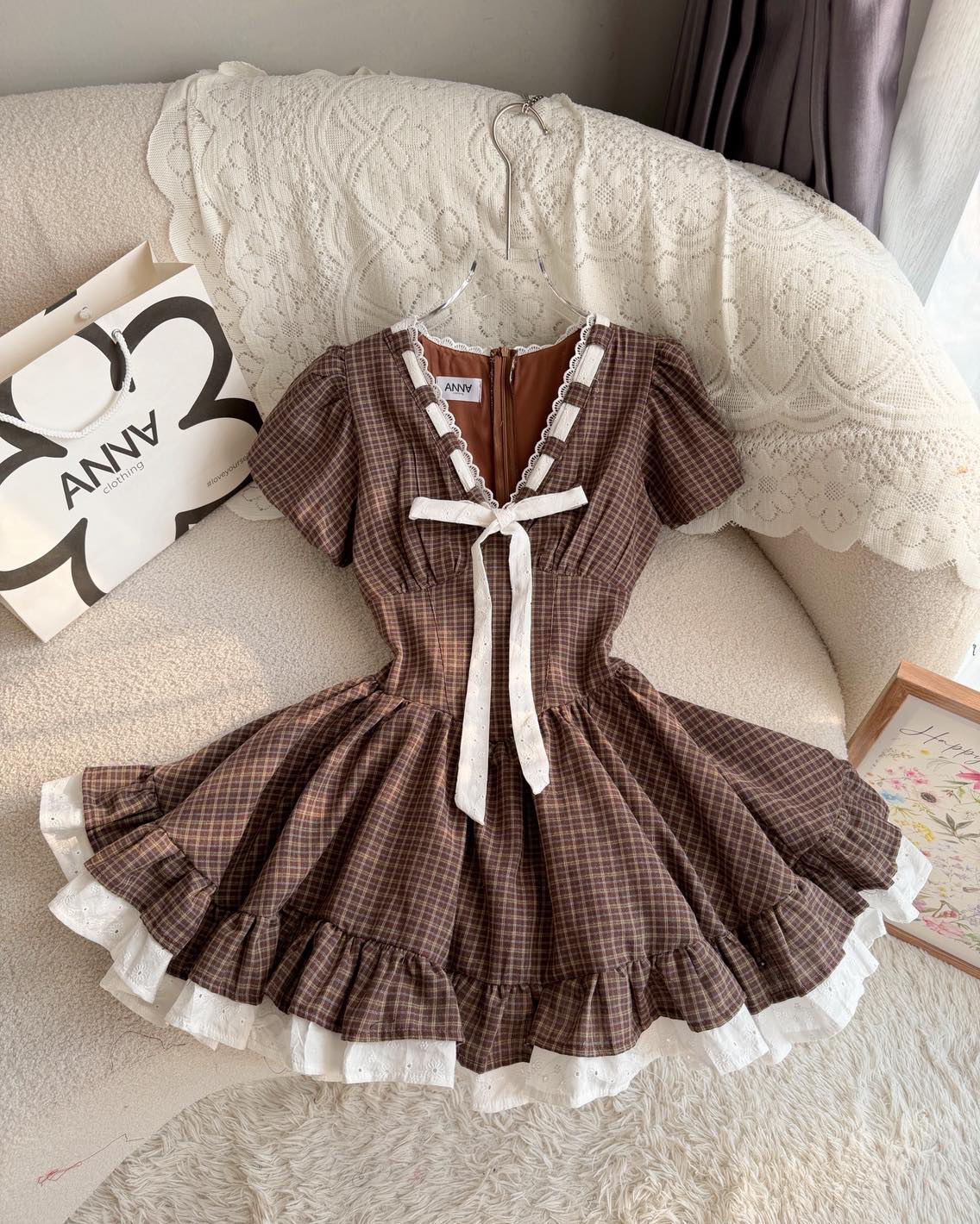Brown Ribbon Lace Mini Dress