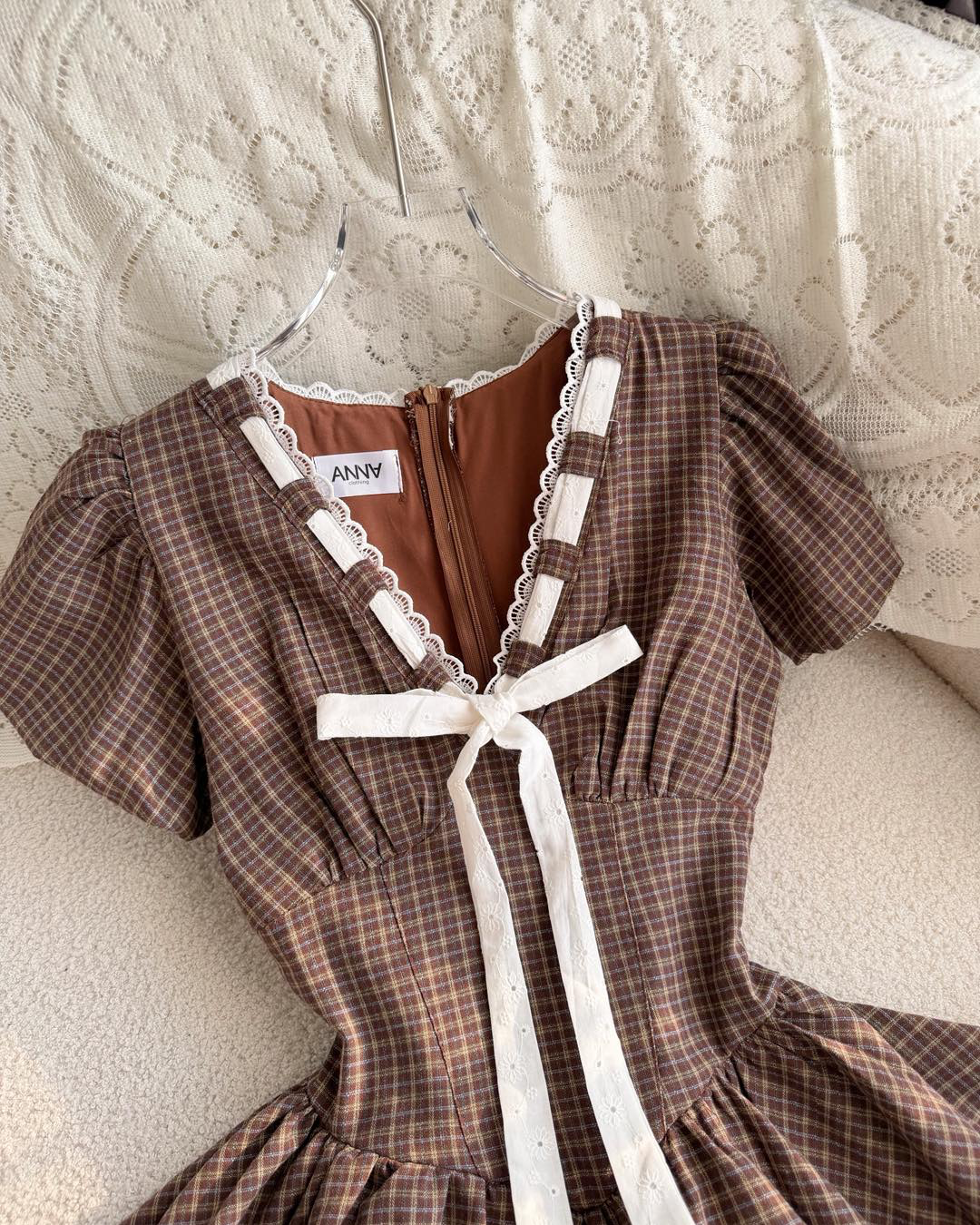 Brown Ribbon Lace Mini Dress