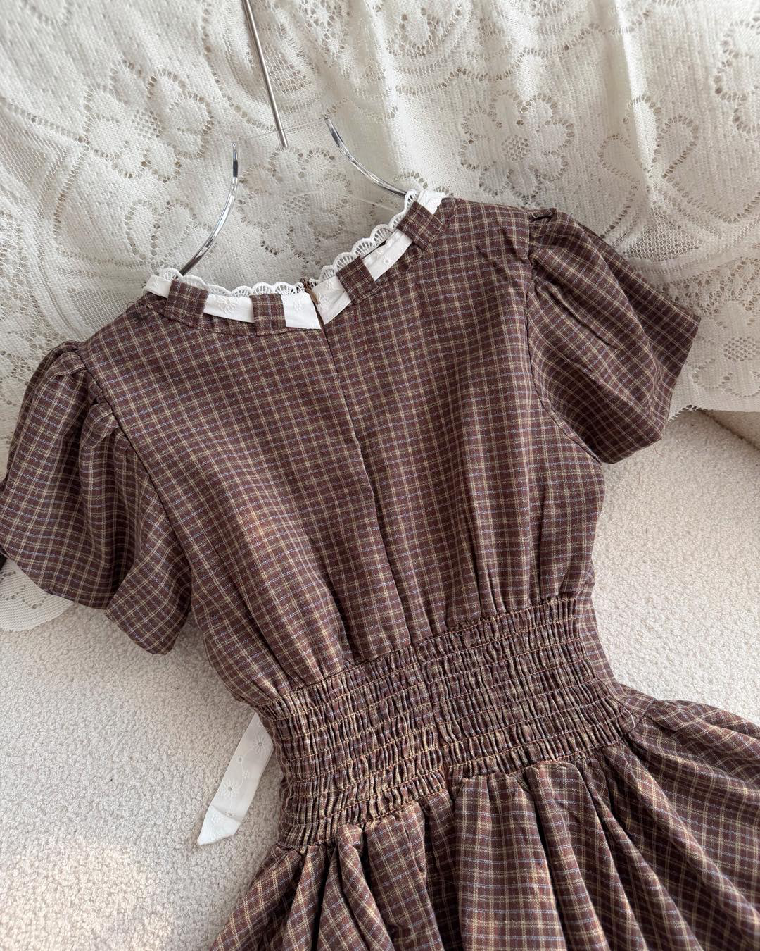 Brown Ribbon Lace Mini Dress